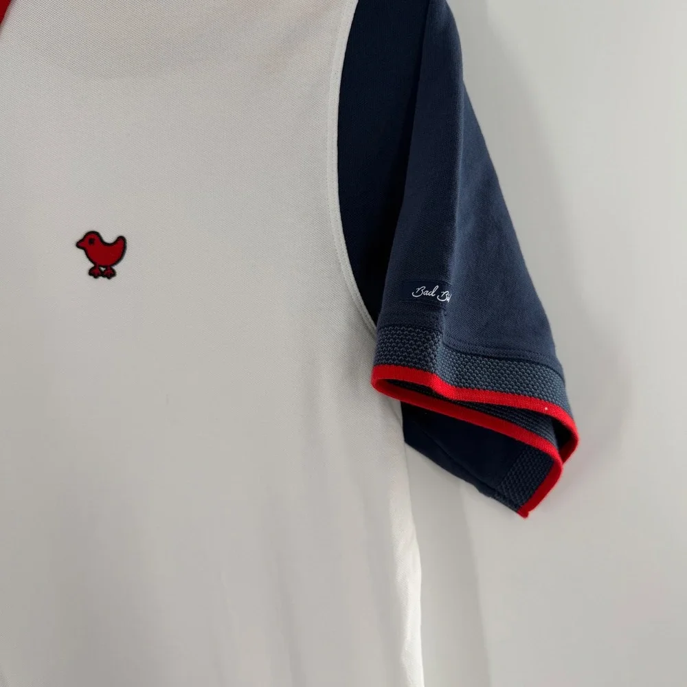 Bad Birdie Mens Golf Polo Shirt XL White Navy Blue Red Trim Performance New